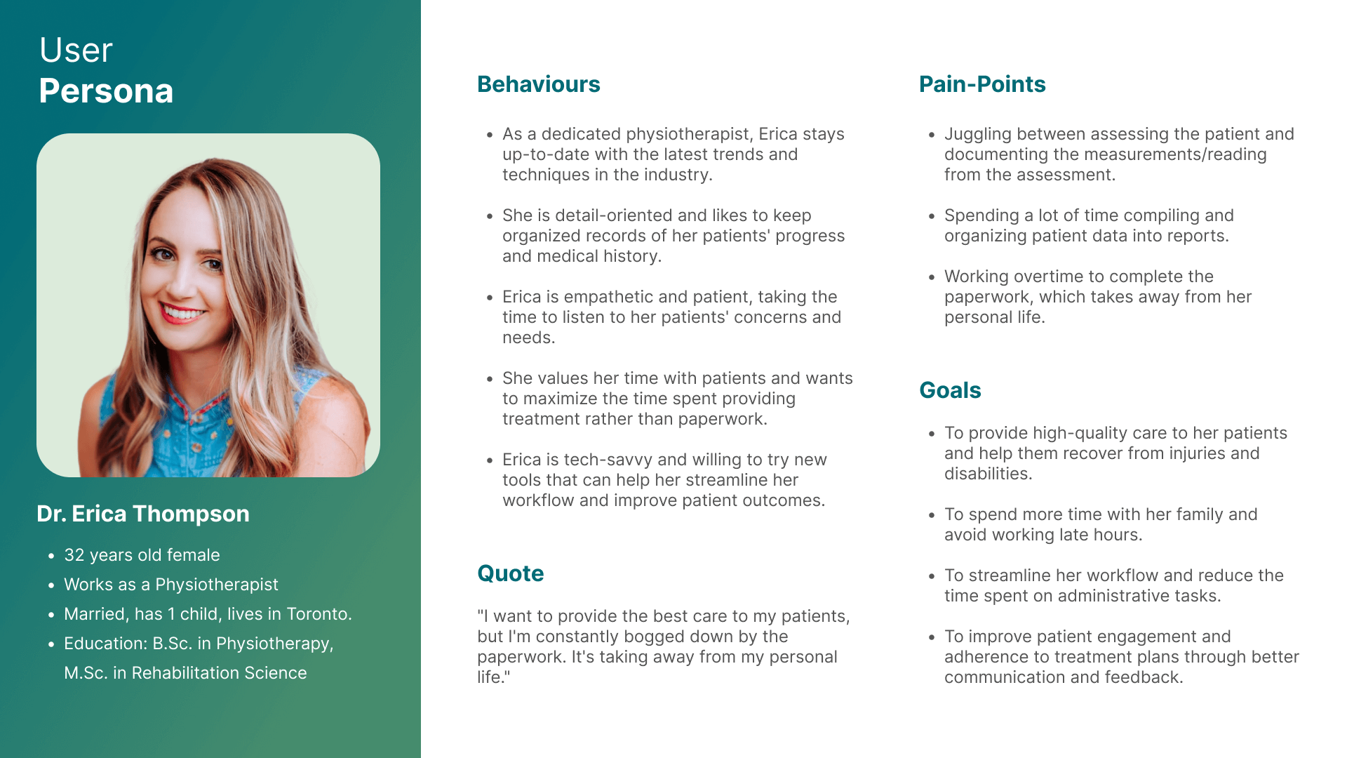 User persona of Dr. Erica, a physiotherapist.